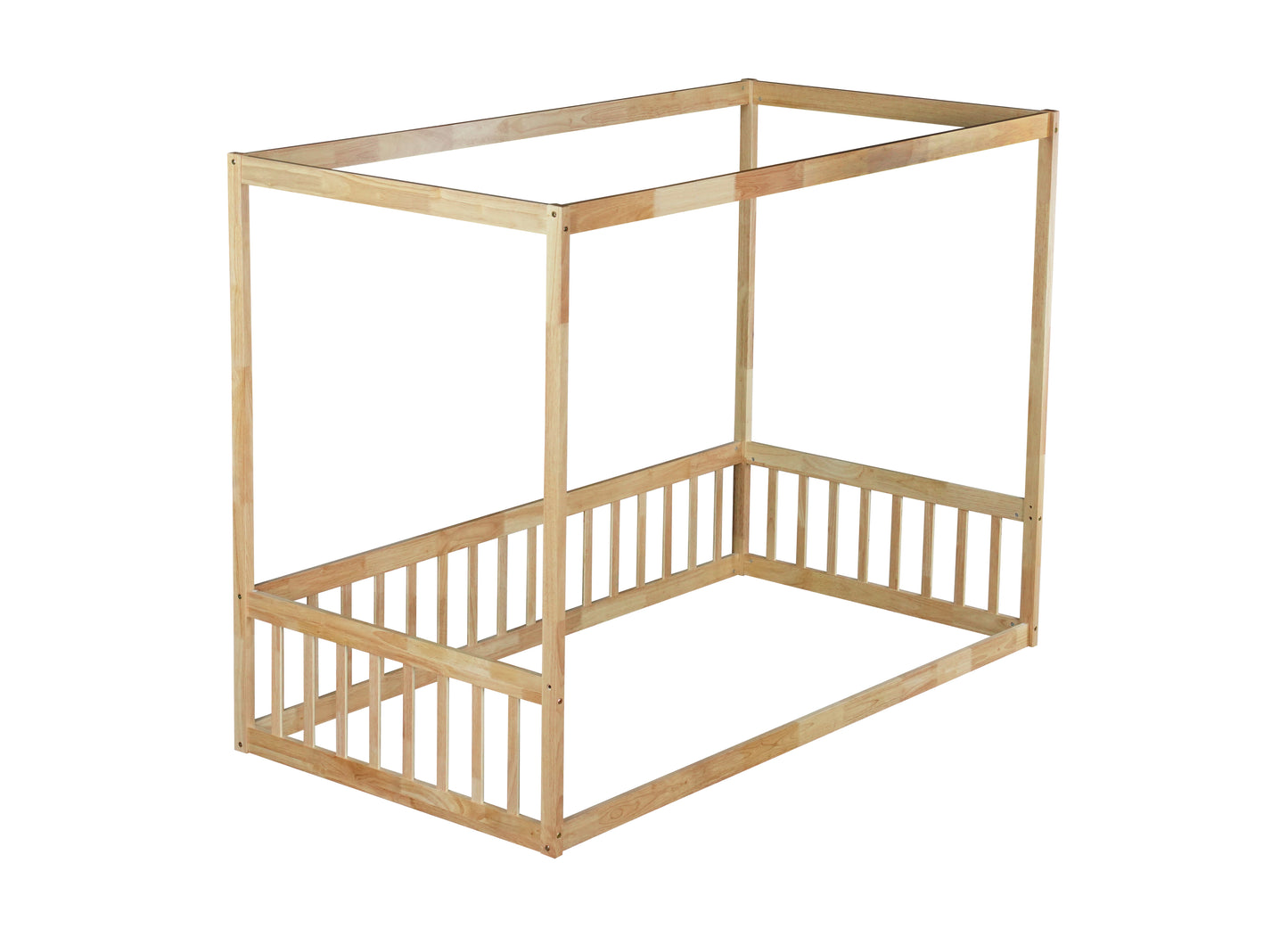 Twin Size Canopy Frame Floor Bed with Fence,Guardrails,Natural (Old Sku:W504P143279) image 3