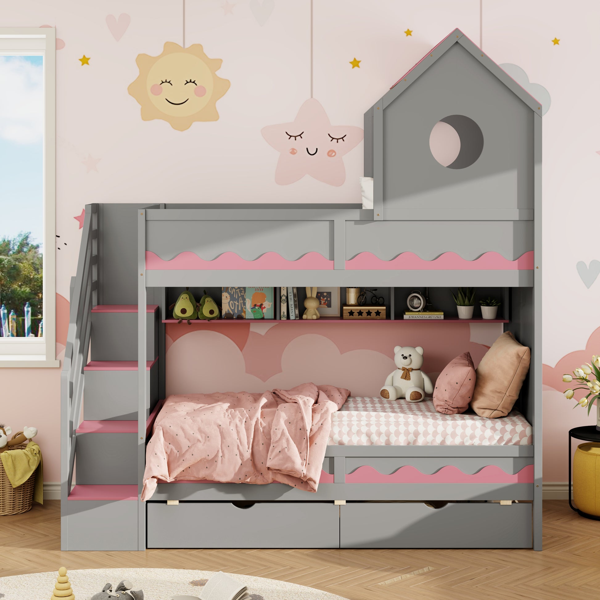 Twin Over Twin Bunk Bed with House-Shaped Roof and Storage Stairs, Wooden House Bed Frame with 2 Under-bed Drawers,Shelves,LED,Gray image 2