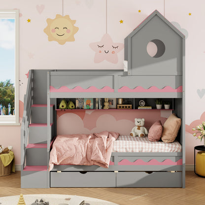 Twin Over Twin Bunk Bed with House-Shaped Roof and Storage Stairs, Wooden House Bed Frame with 2 Under-bed Drawers,Shelves,LED,Gray image 2