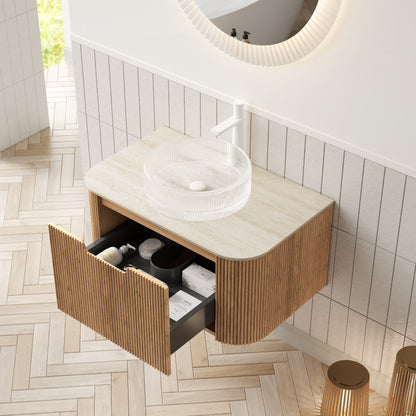 DINA 30" Bathroom Vanity&Sink, Floating Curved Edges Striped Storage Cabinet with Drawer, Transparent Round Glass Basin&Travertine-Pattern Sintered Stone Top, Pre-assembled, Natural Woodgrain Color image 2