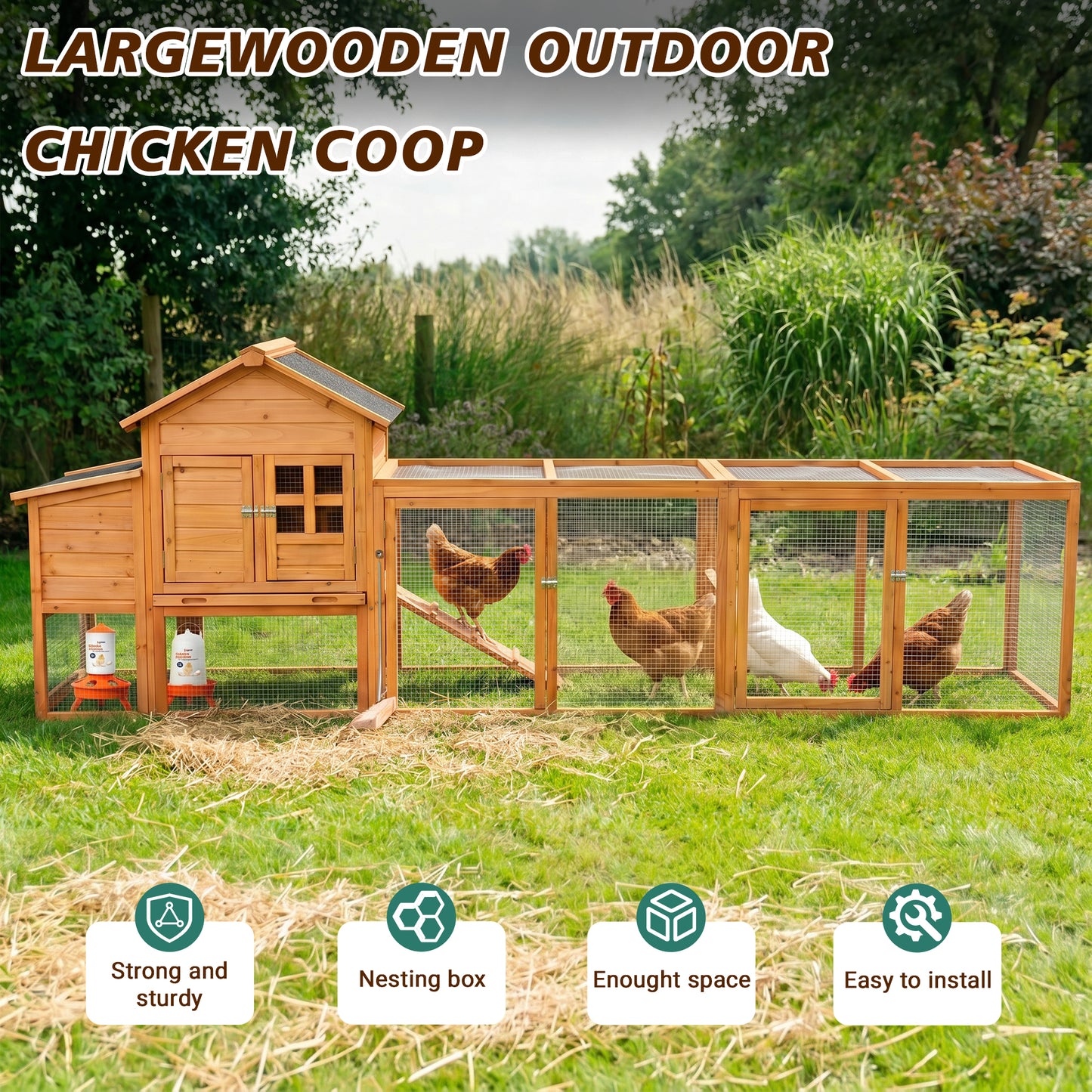 Large Chicken Coop with Run and Nest Box and Removable Tray, Hen House for 4-6 Chickens, Outdoor Weatherproof Small Animal Cages image 5