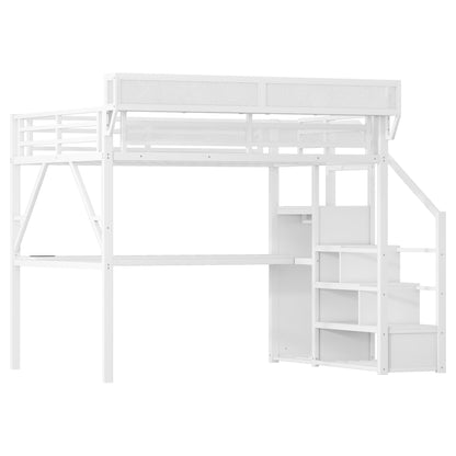 Queen Loft Bed with Desk and Charging Station, Queen Size Metal Loft Bed with Stairs and Light for Kids Teens,White(Expect Arrival Date 2026/3/7) image 12
