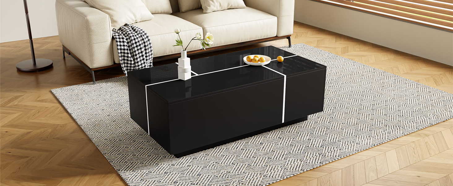U-Can 47.2''-72.7'' Extendable Coffee Table, Multi-Functional Coffee Table with High-Gloss Finish, Coffee Table with 2 Hidden Storage Space and 2 Drawers for Living Room image 9