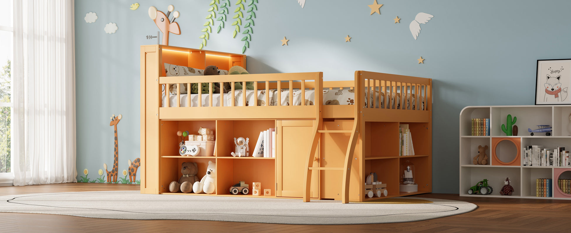 Full Size Loft Bed with Storage, Headboard with LED Light, Natural image 9