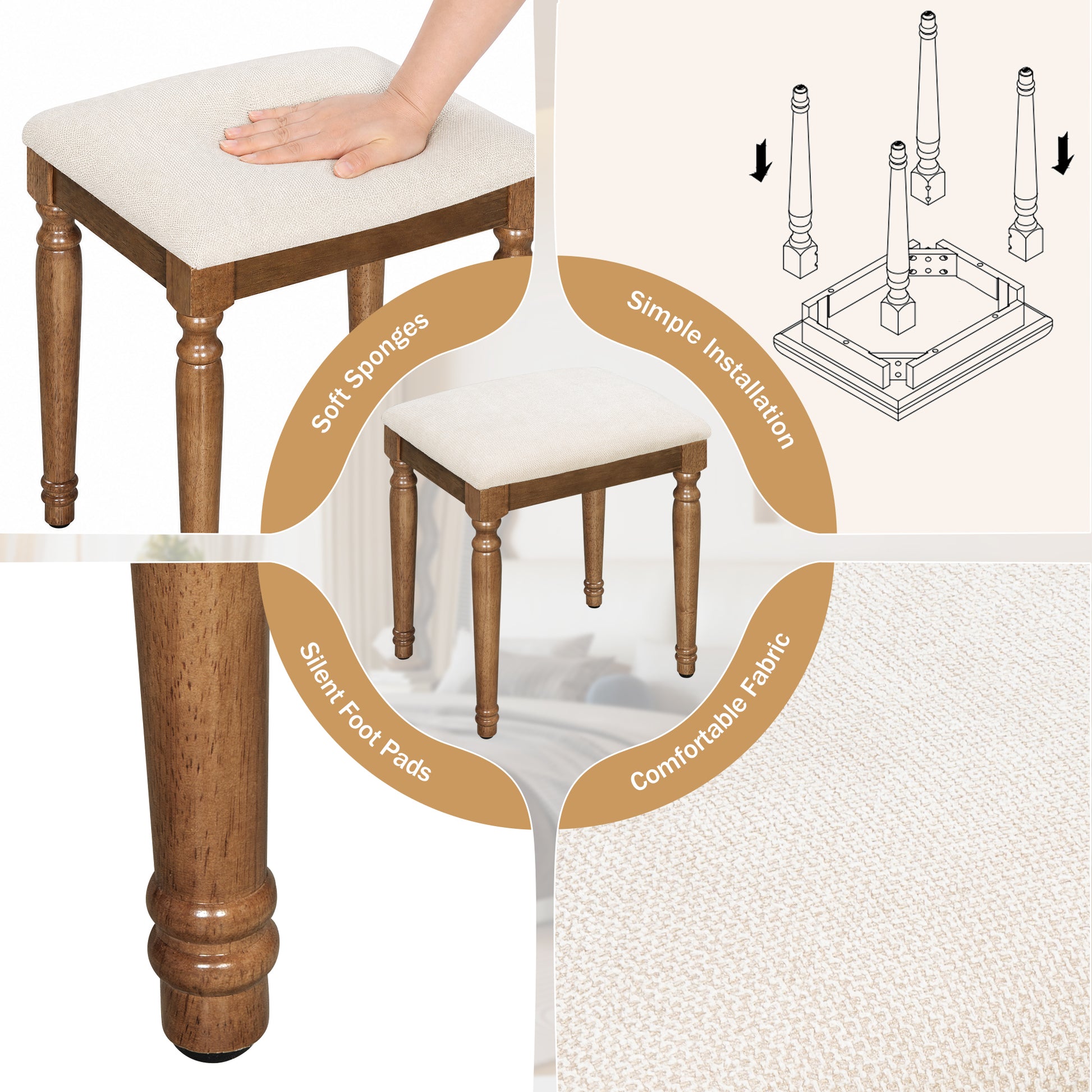 44.37" Makeup Vanity Desk with Stool Set, 13 Hollywood Bulbs & 3 Lighting Modes Dressing Table, Tri-Fold Mirror Large Vanity Table with Cushioned Stool, Charging Station, Ample Storage, Espresso image 6