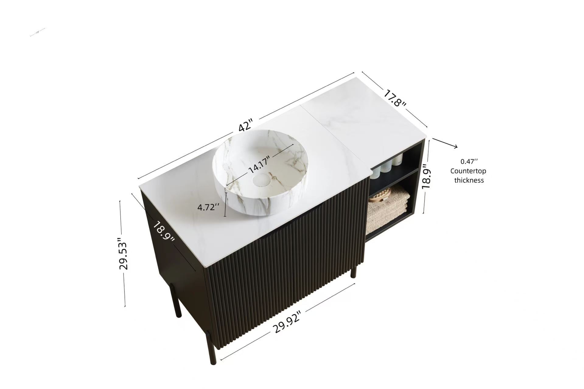 TURIO 42" Bathroom Freestanding and Wall Mounted Storage Cabinet with 2 Doors and 12" Open Shelf, One White Round Ceramic Basin with Stone Pattern and Carrara White Counter Top, No Faucet, Black Color image 5