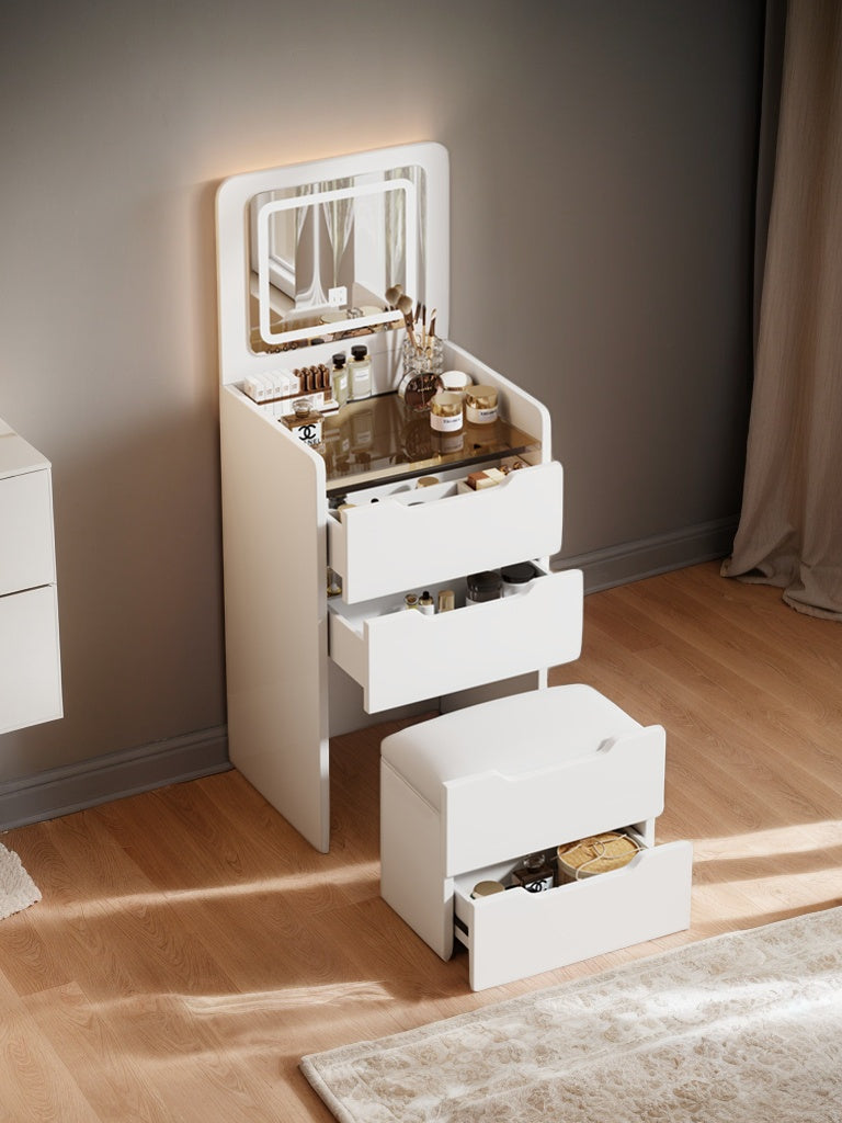 (48CM) 3 in 1 Vanity Desk with Plip Top Mirror, Small Make Up Vanity Set with Visible Glass Desktop, Compact Makeup Vanity with 3 Drawers, Dressing Table for Bedroom (WHITE COLOR) image 1