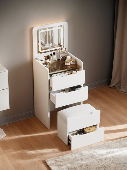(48CM) 3 in 1 Vanity Desk with Plip Top Mirror, Small Make Up Vanity Set with Visible Glass Desktop, Compact Makeup Vanity with 3 Drawers, Dressing Table for Bedroom (WHITE COLOR) image 1