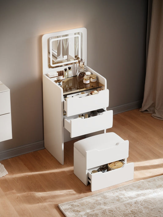 (48CM) 3 in 1 Vanity Desk with Plip Top Mirror, Small Make Up Vanity Set with Visible Glass Desktop, Compact Makeup Vanity with 3 Drawers, Dressing Table for Bedroom (WHITE COLOR) image 1