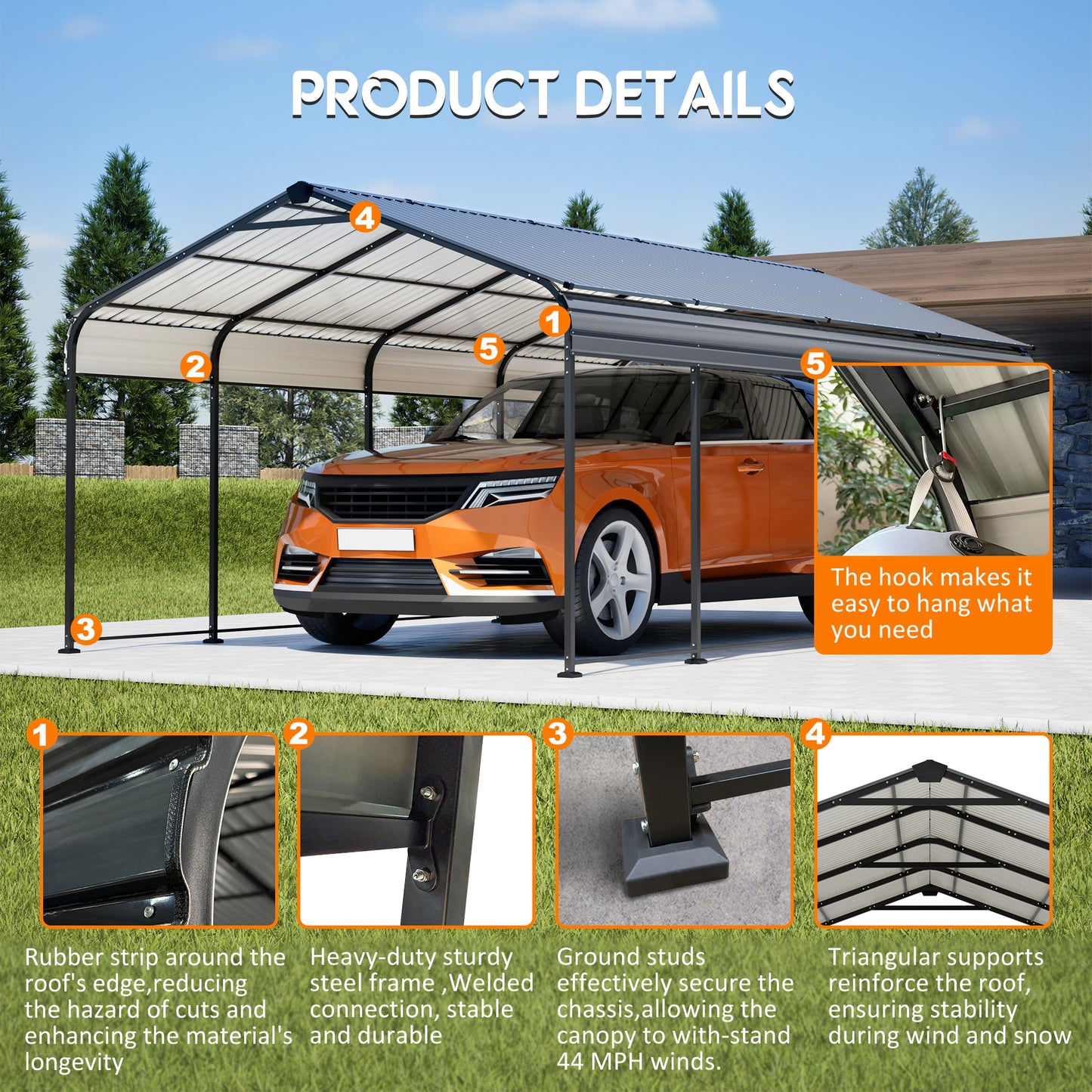 12X20 FT Metal Carport, Outdoor Car Shelter All Weather, Heavy Duty Outdoor Galvanized Car Shelter for Car Boat Truck and SUVs Black image 6