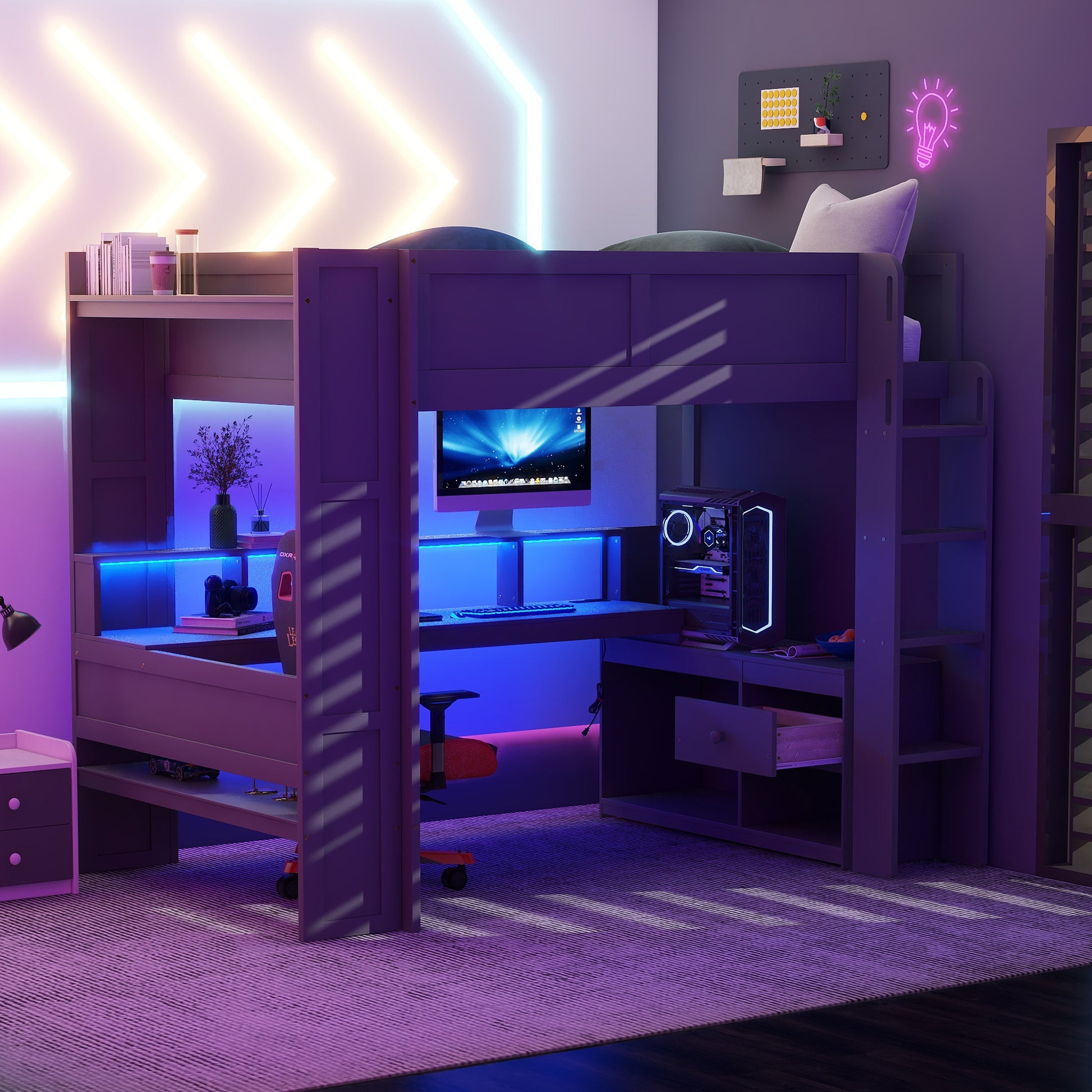Wood Full Size Gaming Loft Bed with Desk, Multi-storage Shelves, LED and Charging Station, Dark Gray(Old SKU:SM000374AAE) image 1