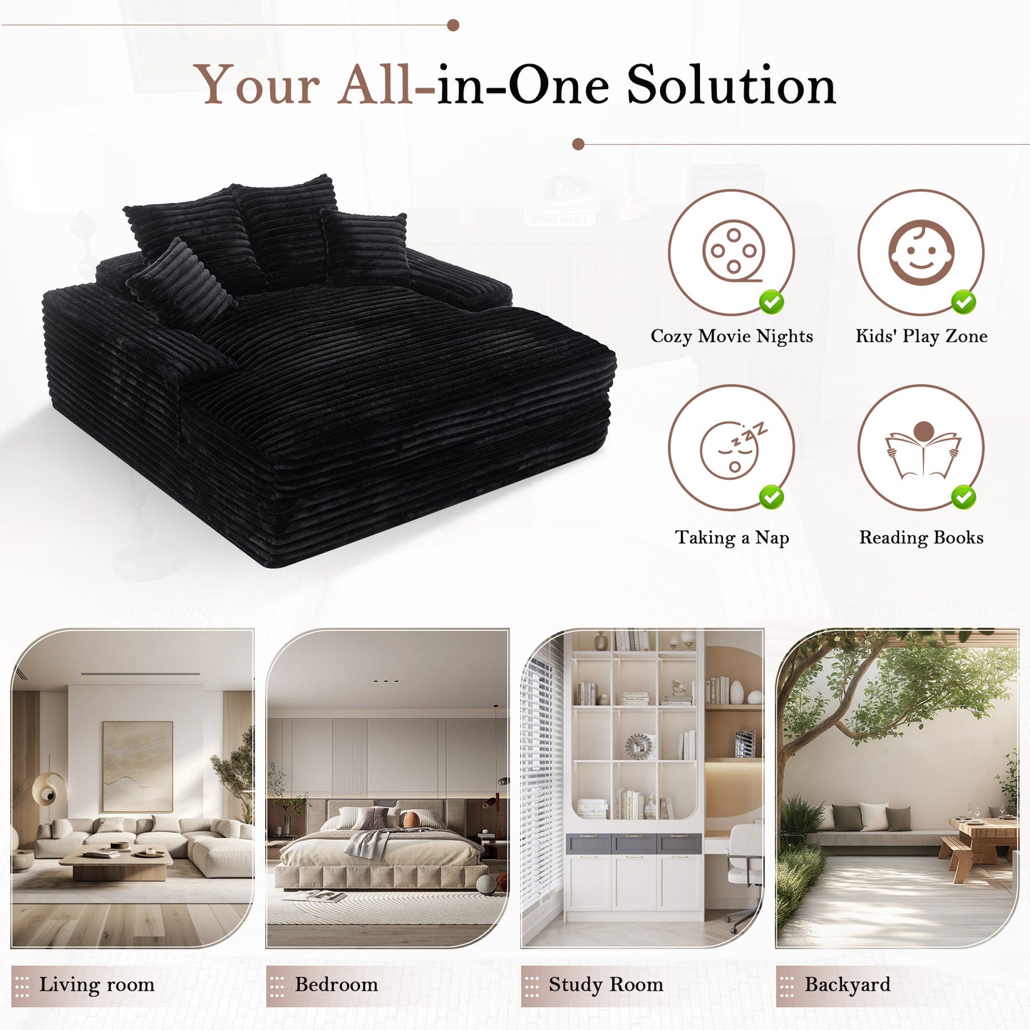 028DR-Oversized chaise Lounge chair, Upholstered Sleeper Sofa Bed with 4 Throw Pillows and Armrests, Corduroy Fabric Plush Lounge Chair Bed for Living Room, Apartment & Small Spaces, Black image 7