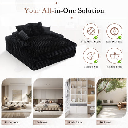 028DR-Oversized chaise Lounge chair, Upholstered Sleeper Sofa Bed with 4 Throw Pillows and Armrests, Corduroy Fabric Plush Lounge Chair Bed for Living Room, Apartment & Small Spaces, Black image 7