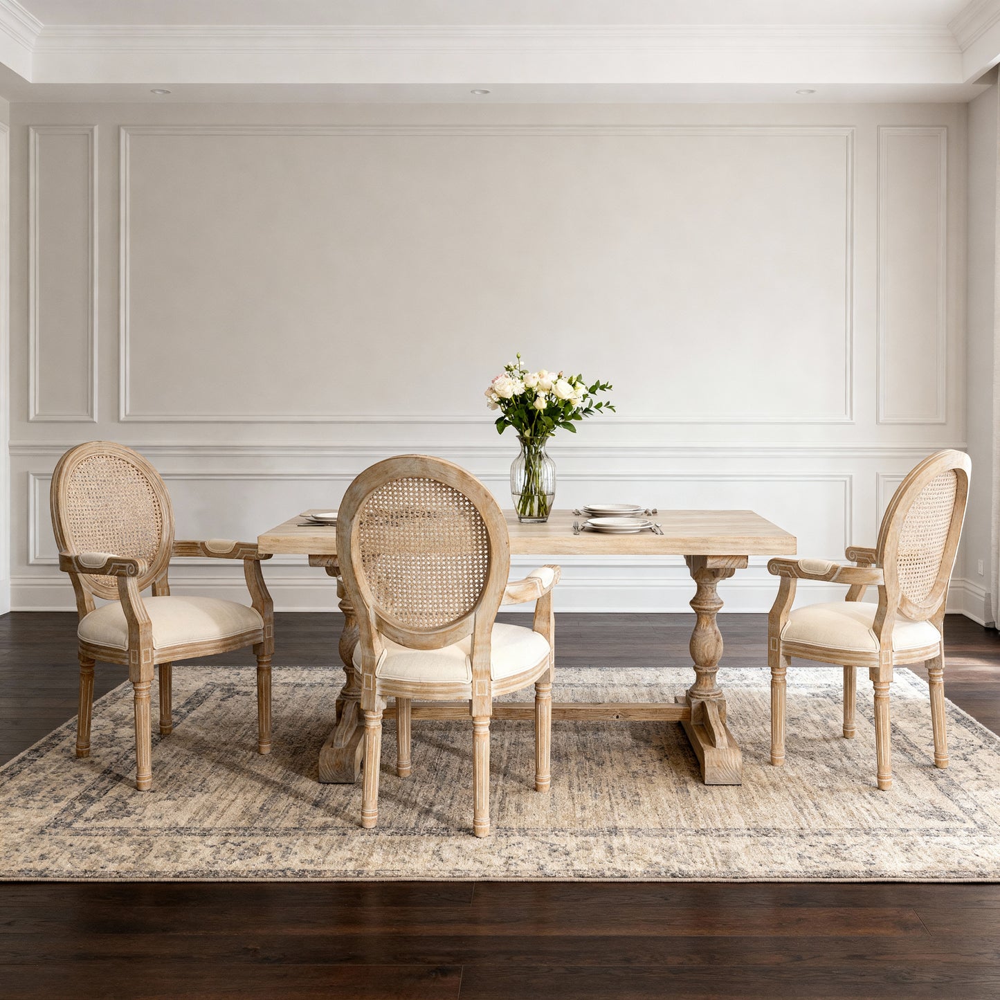 French Vintage Upholstered Fabric Dining Armchair, Set of 2, Beige image 7