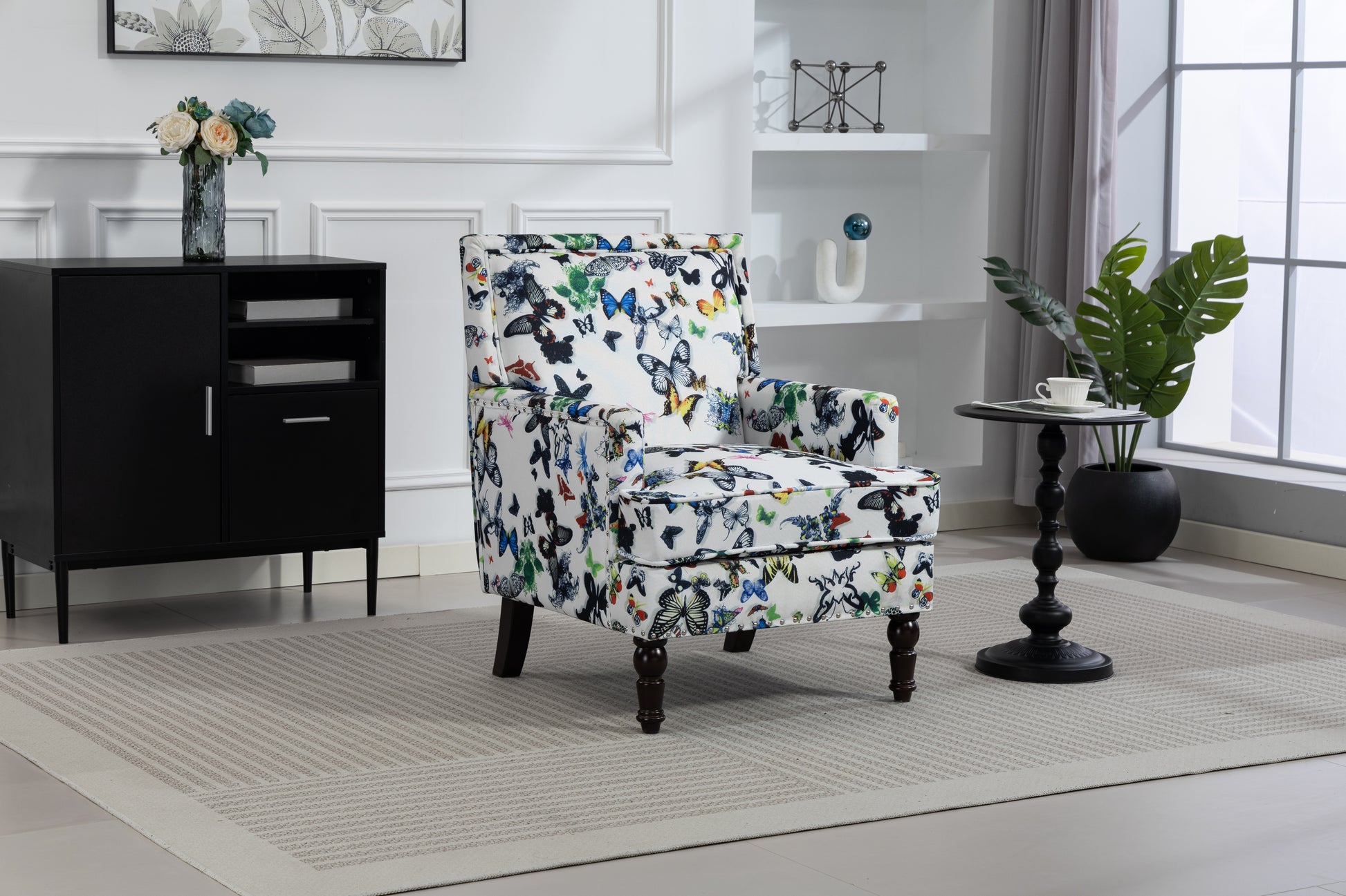 Upholstered Accent Chair, Vintage Armchair with butterfly Linen Fabric and Nailhead Trim for Living Room image 3
