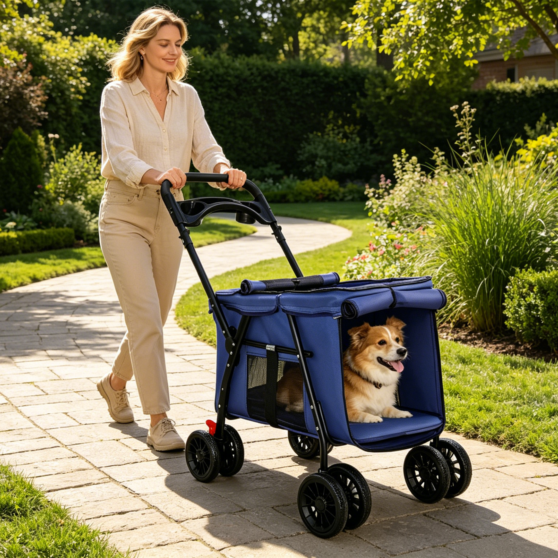 Pet Stroller, Foldable 4-Wheel Design, Breathable Mesh Dog Cat Stroller with Shockproof Wheels, Brake System, Storage Tray, 2 Fixed Safety Leashes, Large Space for Small Medium Pets, Navy Blue image 2