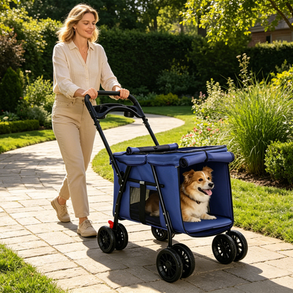 Pet Stroller, Foldable 4-Wheel Design, Breathable Mesh Dog Cat Stroller with Shockproof Wheels, Brake System, Storage Tray, 2 Fixed Safety Leashes, Large Space for Small Medium Pets, Navy Blue image 2