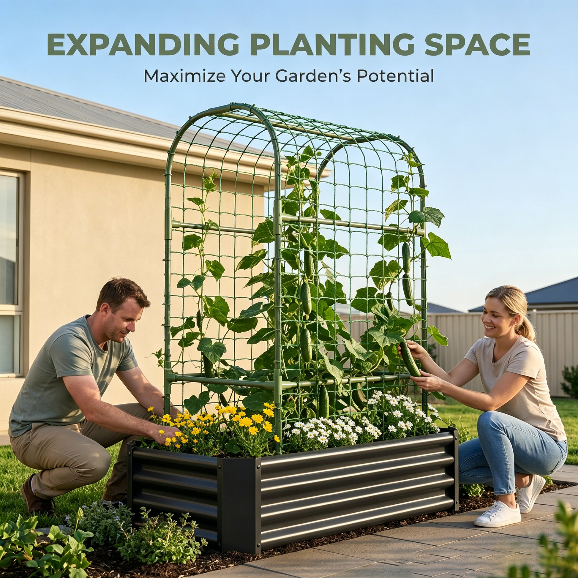 2-in-1 Raised Garden Bed with Trellis - 59" Tall Arch Planter Box for Climbing Plants, Outdoor Galvanized Metal Gardening Bed for Vegetables, Fruits, Flowers (Black, 4x2x1 Ft) image 5