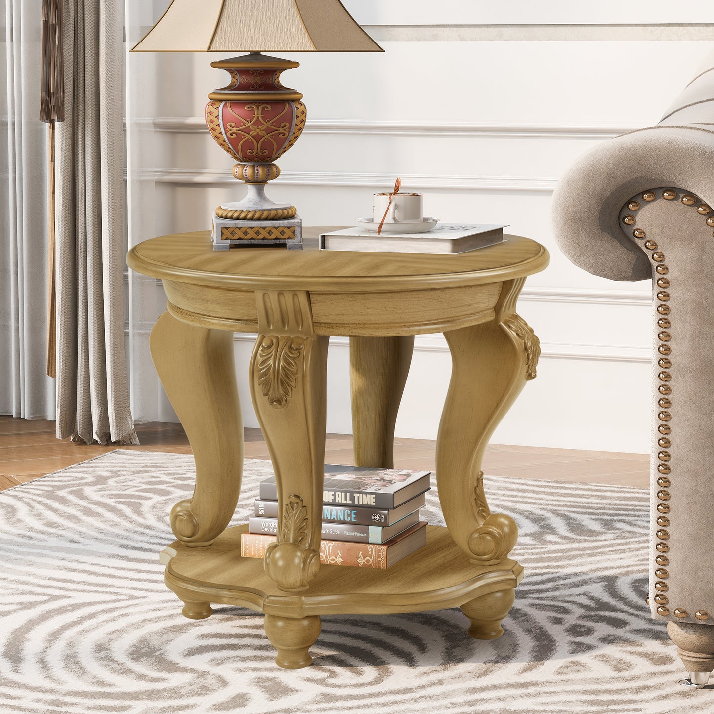 22'' Two Tone Round End Table,Solid Wood Sofa Side Table with Shelf,Living Room Corner Table Easy Assemble, Antique Natural image 2