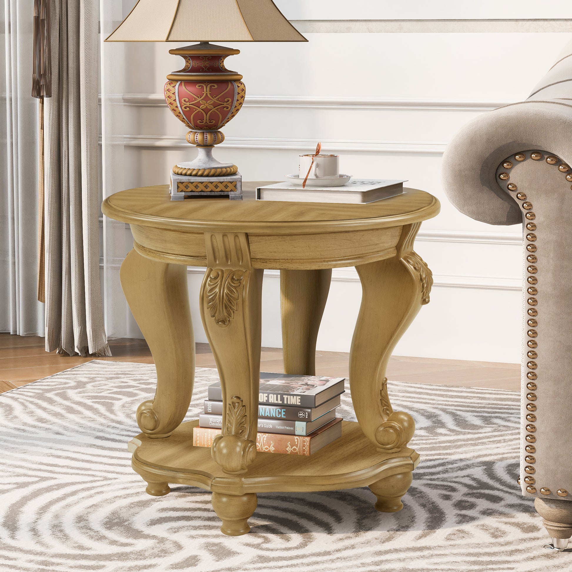 22'' Two Tone Round End Table,Solid Wood Sofa Side Table with Shelf,Living Room Corner Table Easy Assemble, Antique Natural image 2