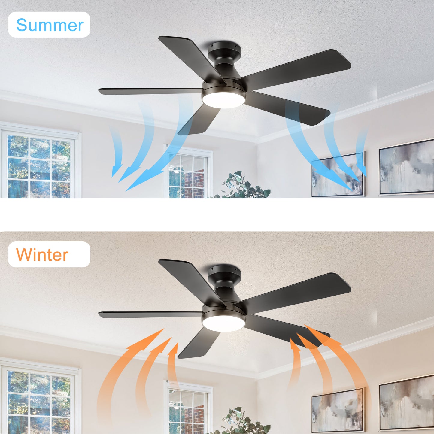 Ceiling Fans with Lights, 52 inch Low Profile Ceiling fan with Light and Remote Control, Flush Mount, Reversible, 3CCT, Dimmable, Noiseless, Black Ceiling Fan for Bedroom, Indoor/Outdoor Use image 5