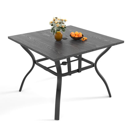"Vintage Wood Grain Metal Patio Table 37.8"" Square with Umbrella Hole, Sturdy Steel Frame Rust-Resistant Easy Clean, for Backyard Garden Deck Porch Dining Office image 1