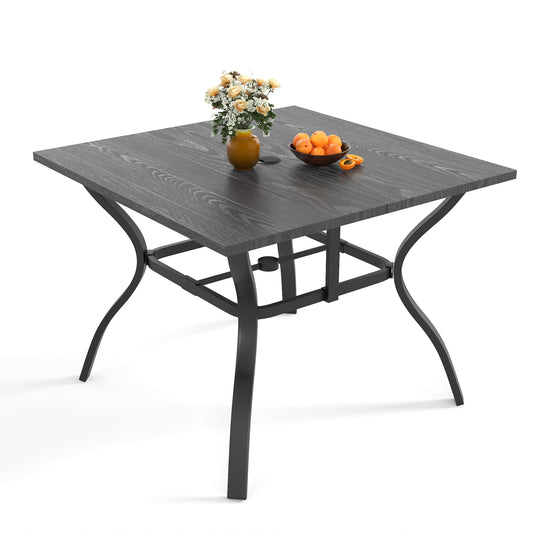 "Vintage Wood Grain Metal Patio Table 37.8"" Square with Umbrella Hole, Sturdy Steel Frame Rust-Resistant Easy Clean, for Backyard Garden Deck Porch Dining Office image 1