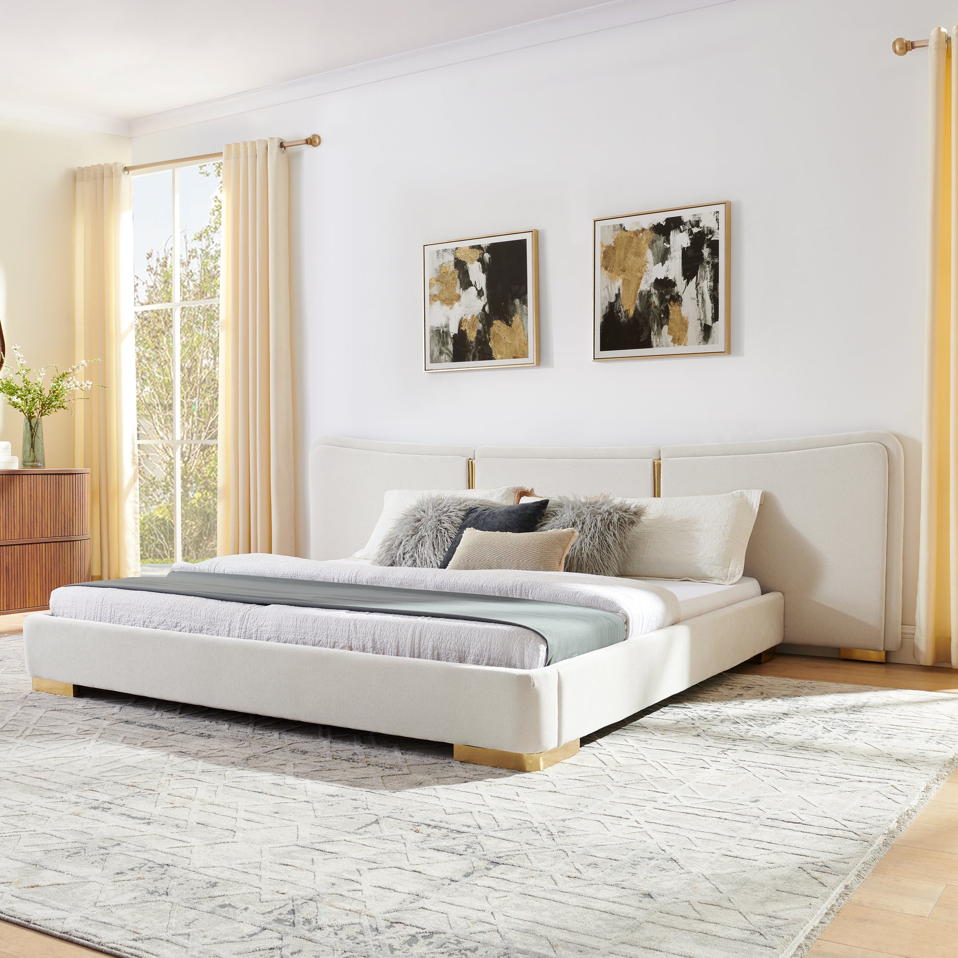 King Size Extra Large Platform Bed, Soft Chenille Fabric Frame, Curved Headboard, Reinforced Electroplated Metal Legs, Flexible DIY Side Space Design-Beige image 1