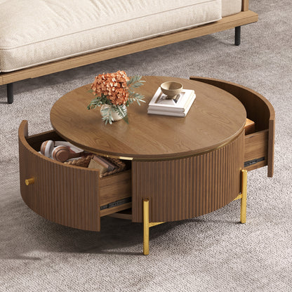 Modern Round Coffee Table with 2 large Drawers Storage Accent Table, Brown, 31.5" image 3