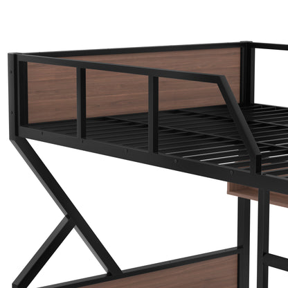 Queen over Queen Bunk Bed, Metal Bunk Bed with Storage Shelves and Lights, Space-saving & Noise-free Design, Black image 5