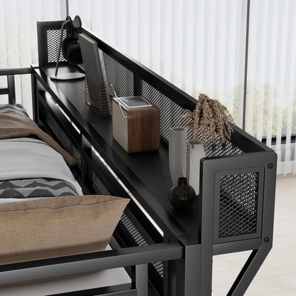 Queen Size Loft Bed with Stairs, Metal Queen Loft Bed with Storage Shelves, High Loft Bed with Wardrobe for Kids Teens Adults, Black image 5