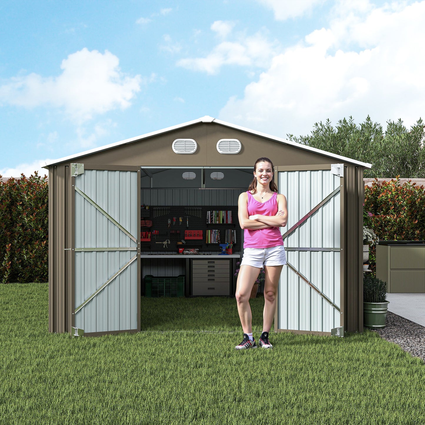 10x12 FT Outdoor Metal Storage Shed, Large Storage Sheds with Sturdy Frame Structure, Metal Garden Tool Shed with Lockable Door for Garden,Gift a foldable flower pot stand, Backyard,BROWN image 8