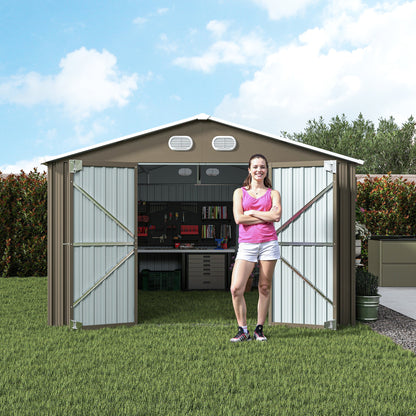 10x12 FT Outdoor Metal Storage Shed, Large Storage Sheds with Sturdy Frame Structure, Metal Garden Tool Shed with Lockable Door for Garden,Gift a foldable flower pot stand, Backyard,BROWN image 8