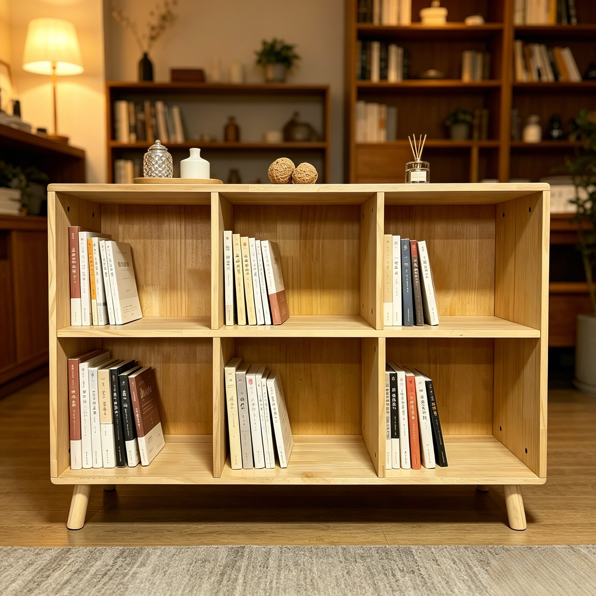 6 Cube Wooden Storage Shelf, Freestanding Open Bookcase with Legs, Natural Solid Wood Cubby Organizer for Living Room, Bedroom, Office, Entryway image 4