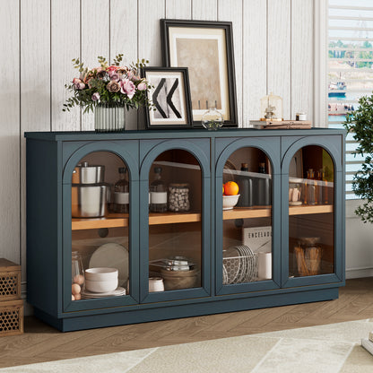 TREXM 4-Door Large Storage Buffet Cabinet with Glass Doors, Arched Cabinet with Adjustable Shelves for Kitchen, Dining Room and Living Room (Navy) image 1