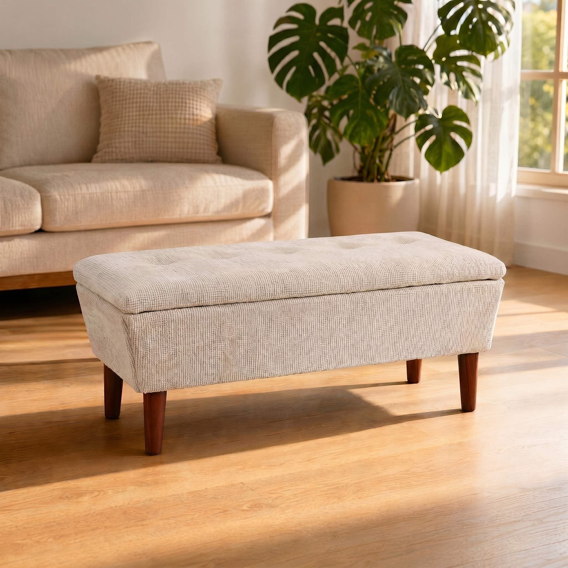 42" Rectangular Linen Ottoman Bench, Modern Low Footrest Stool with Solid Wood Tapered Legs, Multi-Use Entryway Shoe Bench & End of Bed Bench for Living Room/Bedroom image 1