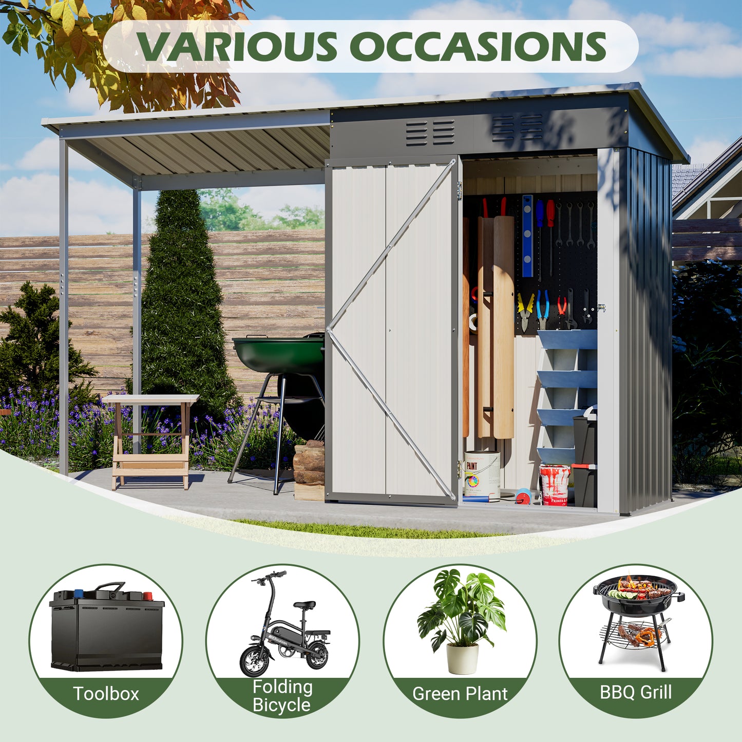 Durable 5x3FT Galvanized Steel Shed & Gazebo Combo, Easy Assembly Lean-To Storage with Open Pergola, All-Weather 2-in-1 Garden Shed for Tool Storage, Patio, Backyard image 4