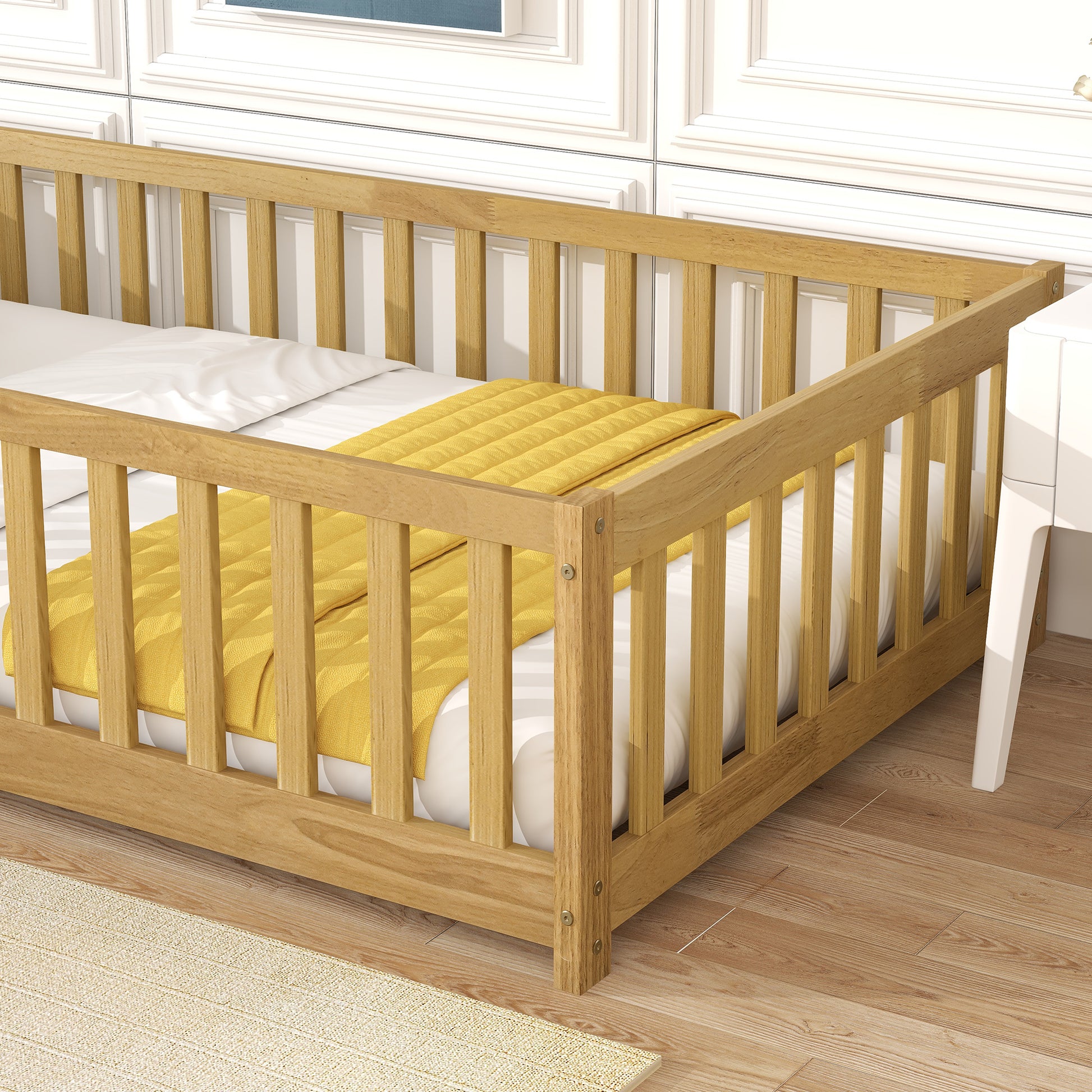 Twin Size Floor Bed with Fence and Door,Rubber Wood Floor Bed with Safety Guardrails,Natural (Old Sku W504P296778) image 3