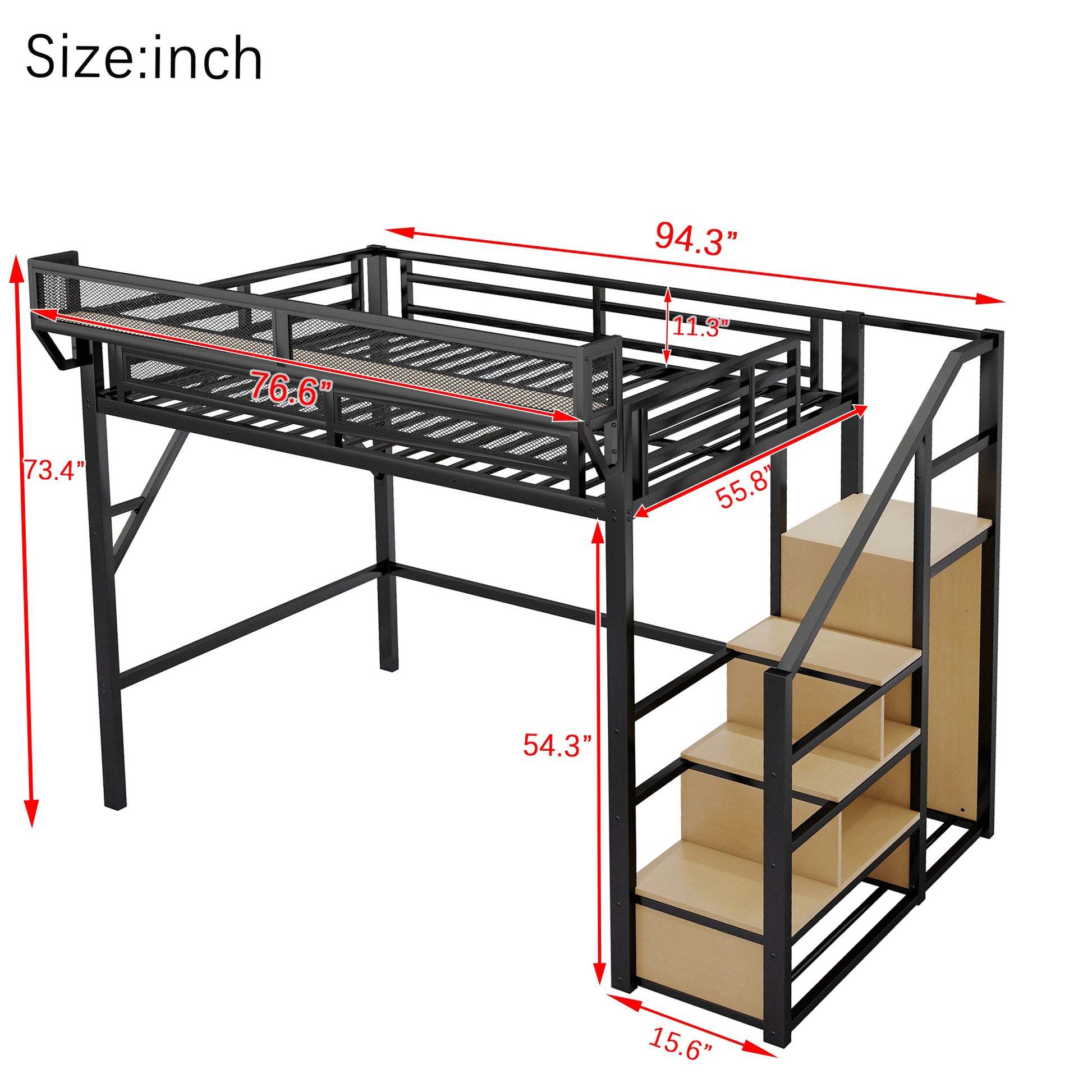 Full Size Loft Bed with Stairs, Metal Full Loft Bed with Storage Shelves, High Loft Bed with Wardrobe for Kids Teens, Black(Old SKU W2580S00029) Patent Products image 6