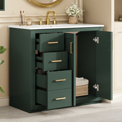 36'' Bathroom Vanity with Ceramic Sink Combo, Solid Wood Frame Bathroom Storage Cabinet, Freestanding Vanity Set with 3 Drawers& Soft Closing Doors image 2