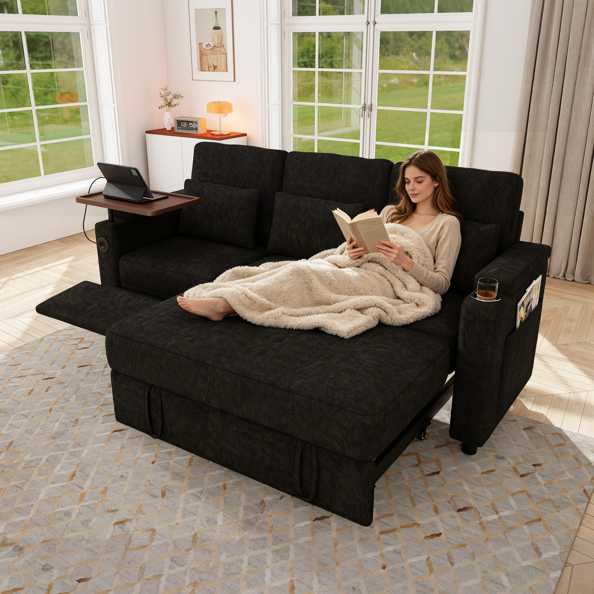 83-inch 3-in-1 foldable three-person sofa bed with a table board and USB ports, armrests with storage function. High-quality chenille three-person sofa. The sofa bed features adjustable backrest and p image 1