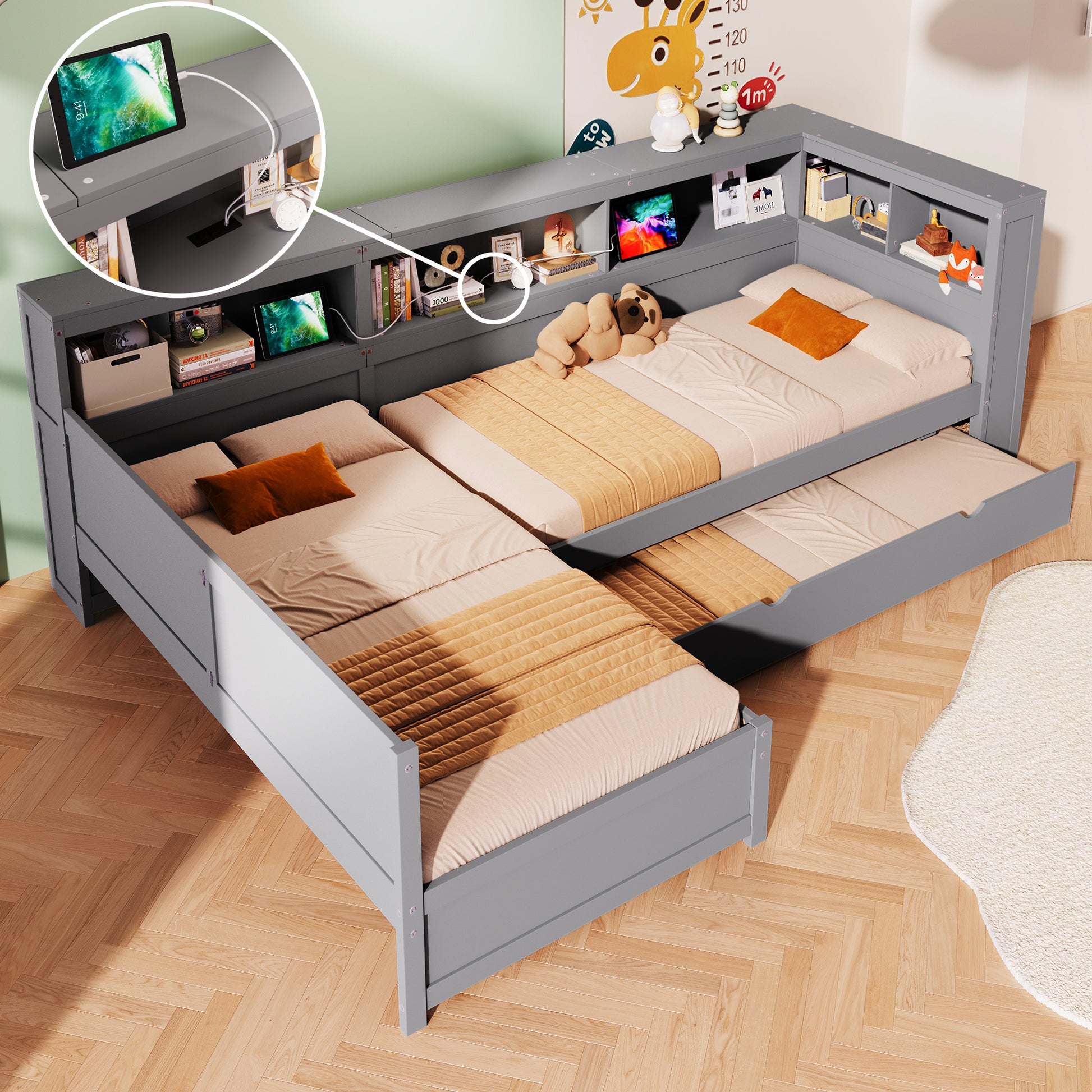Wood Twin Size L-shaped Platform Bed with Trundle and a Drawer, Grey(Old SKU:N7090001045E) image 1