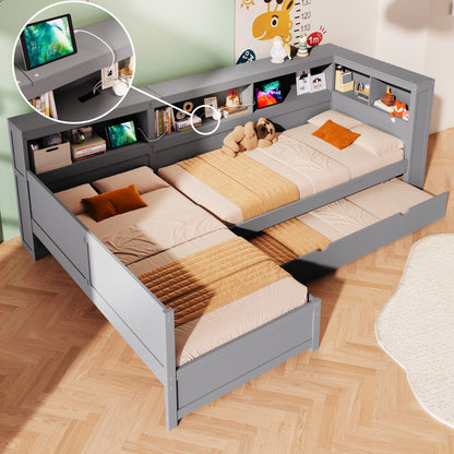 Wood Twin Size L-shaped Platform Bed with Trundle and a Drawer, Grey(Old SKU:N7090001045E) image 1