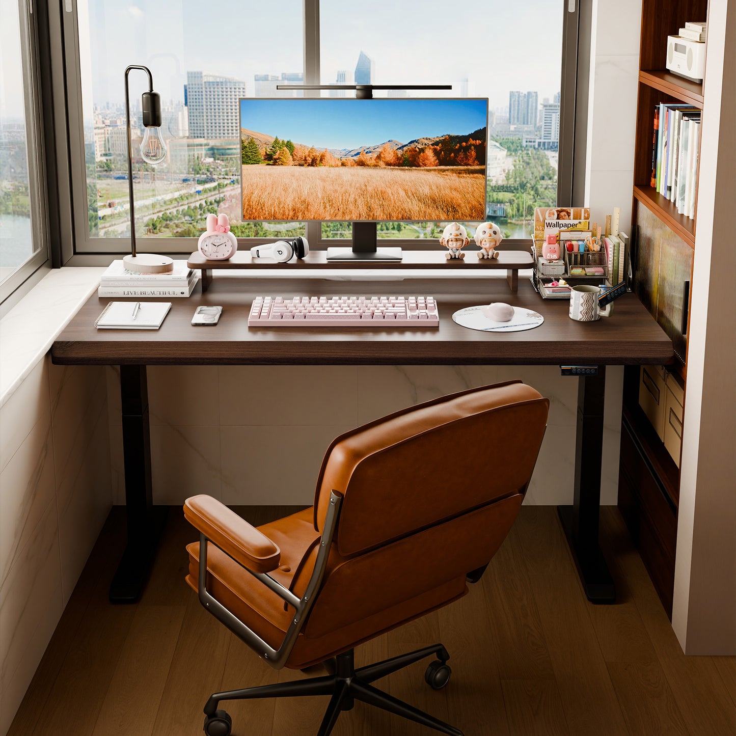 Solid Rubberwood Electric Standing Desk, Adjustable Height Sit Stand Desk with Single Motor, Ergonomic Home Office Desk with 2-Tier Legs image 6