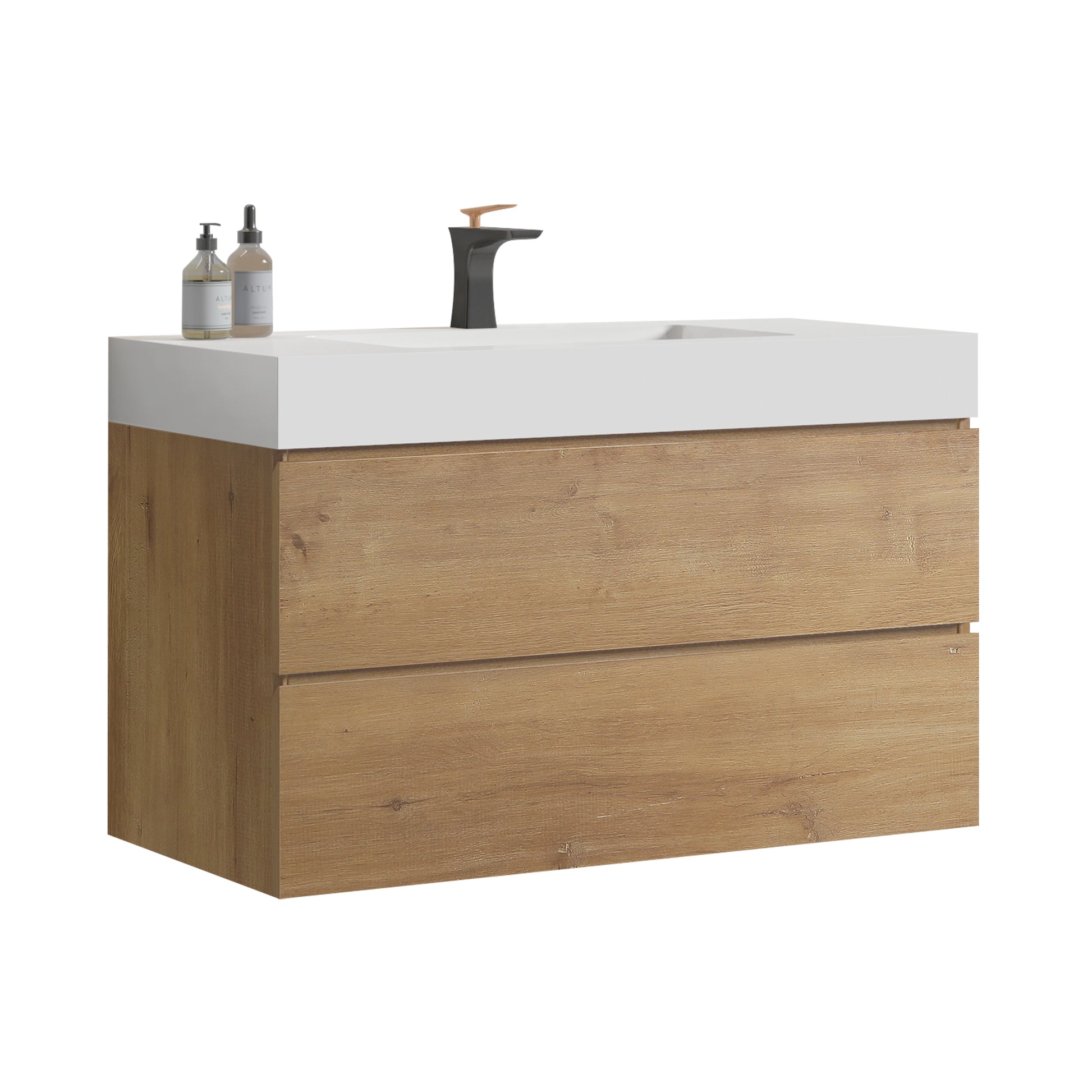 Alice 36" Oak Bathroom Vanity with Black Sink, Large Storage Wall Mounted Floating Bathroom Vanity for Modern Bathroom, One-Piece White Sink Basin without Drain, Pre-assembled image 5