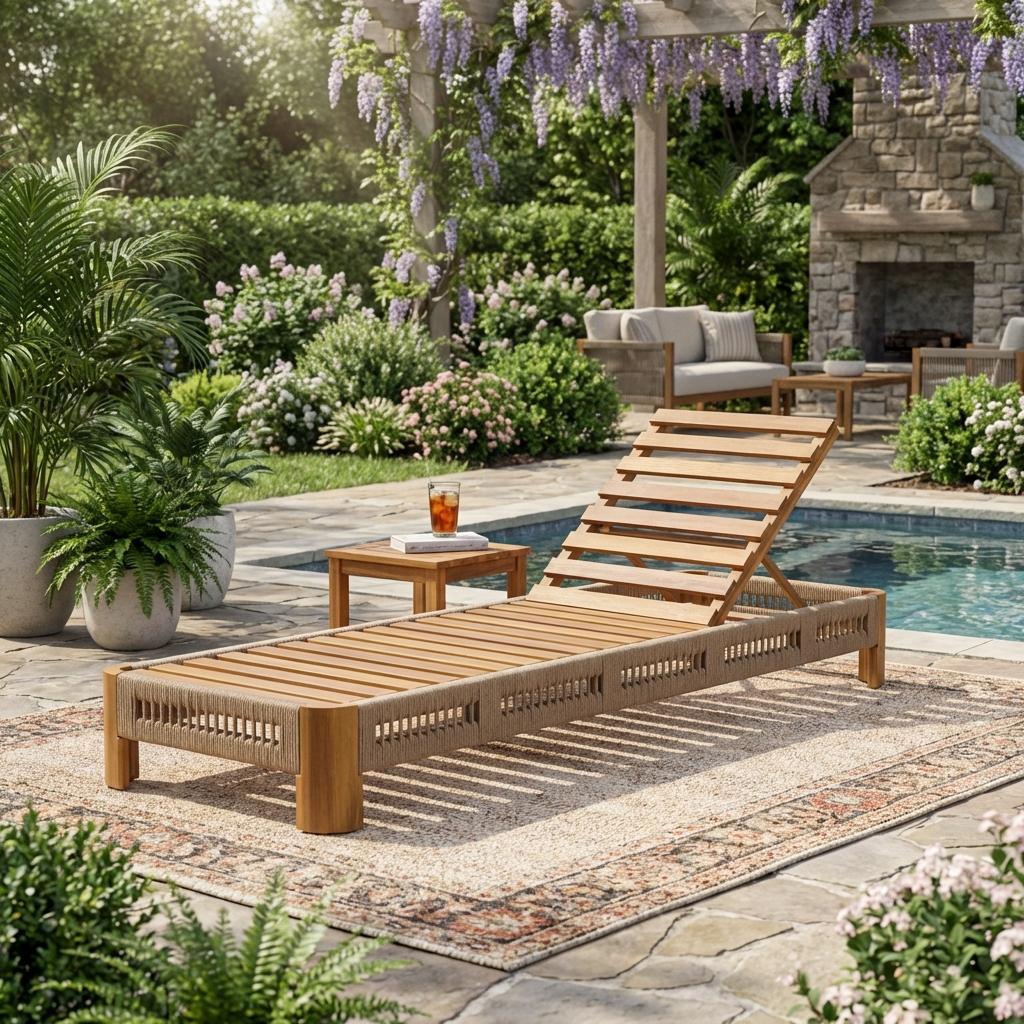 Acacia Wood Outdoor Chaise Lounge with Adjustable Backrest, Handwoven Rope Accents, Weather-Resistant Patio Recliner for Poolside, Backyard & Deck, Natural Wood Finish image 1