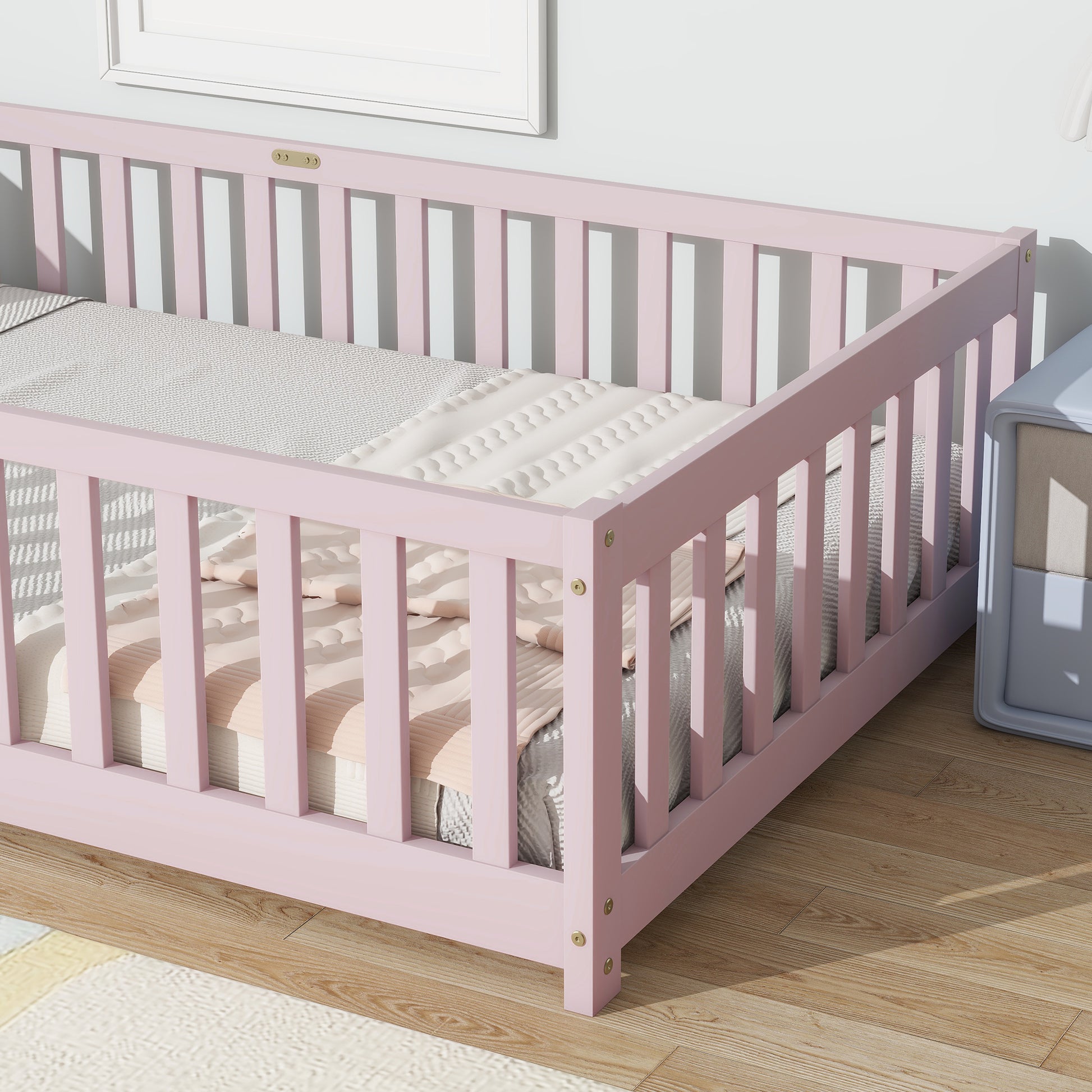 Twin Size Floor Bed with Fence without Door, Rubber Wood Floor Bed with Safety Guardrails,Pink (Old Sku W504P286399) image 5