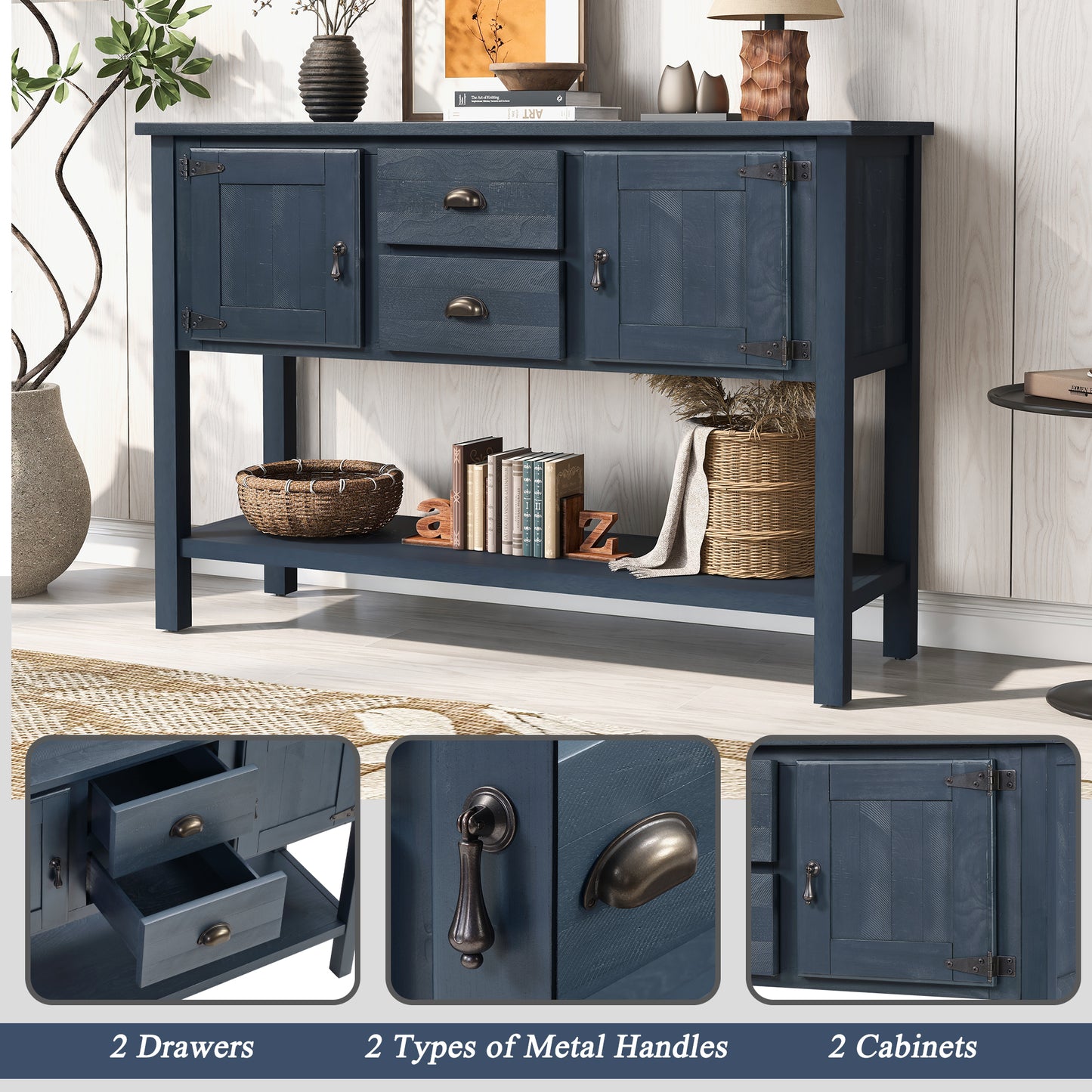 46'' Solid Wood Sideboard Console Table with 2 Drawers and Cabinets and Bottom Shelf, Retro Style Storage Dining Buffet Server Cabinet for Living Room Kitchen Dining Room(Navy Blue) image 10
