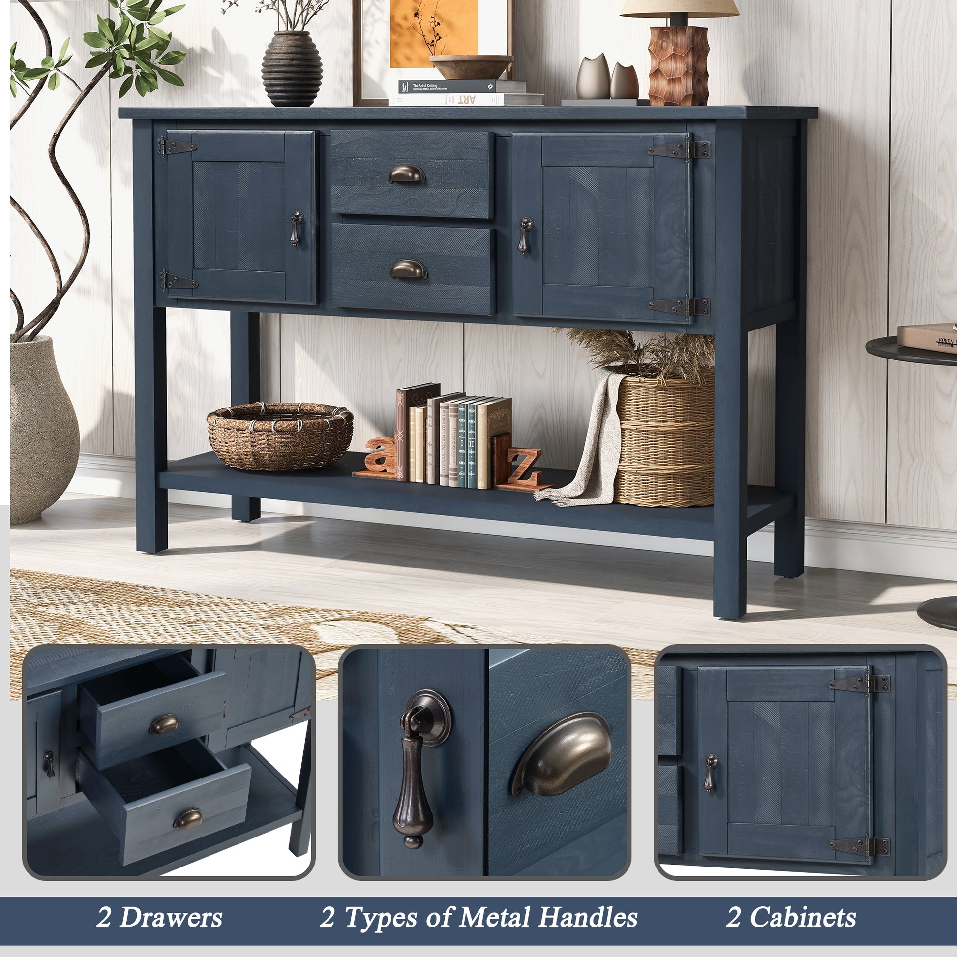 46'' Solid Wood Sideboard Console Table with 2 Drawers and Cabinets and Bottom Shelf, Retro Style Storage Dining Buffet Server Cabinet for Living Room Kitchen Dining Room(Navy Blue) image 10