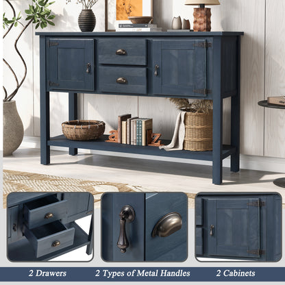 46'' Solid Wood Sideboard Console Table with 2 Drawers and Cabinets and Bottom Shelf, Retro Style Storage Dining Buffet Server Cabinet for Living Room Kitchen Dining Room(Navy Blue) image 10